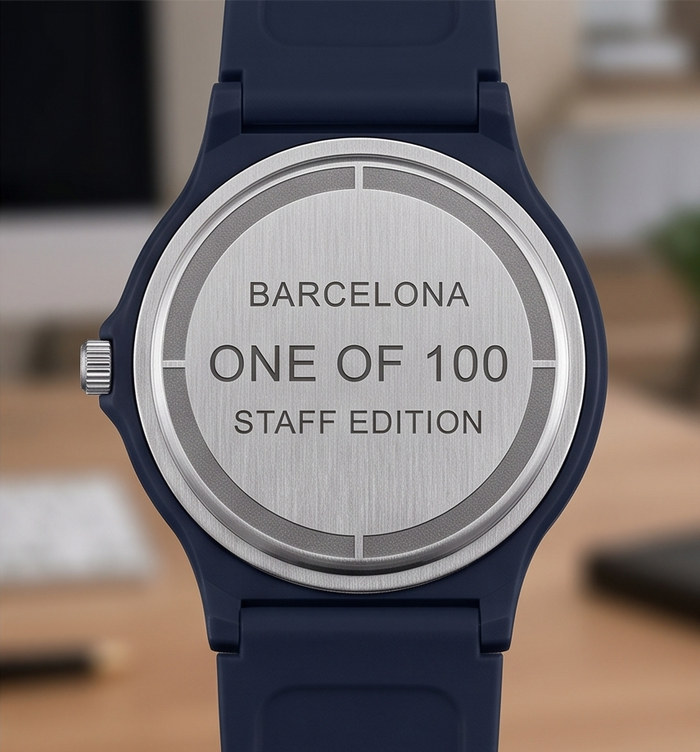 Engraved caseback: Barcelona, one of 100, Staff Edition
